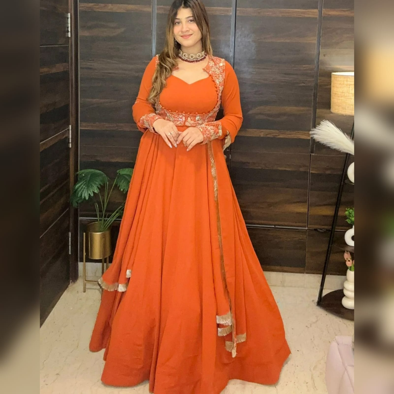 Deep Orange Faux Georgette Anarkali Suit